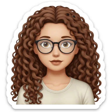 aesthetic white girl with cool coloured brown, very long curly hair, she wears an offwhite top and her eyes are black , and wears thin small glasses sticker