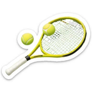 A tennis racket and a ball placed on the ground, with a tennis court in the background. The court lines and net are visible, emphasizing the structure and focus of the sport, creating a dynamic and energetic vibe. sticker