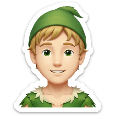 Cinematic Realistic Peter Pan Portrait, depicted with lifelike, youthful skin touched by a gentle sun-kissed glow. His bright, expressive eyes and confident smile evoke a timeless sense of wonder. Dressed in his iconic green tunic and feathered cap, every detail is rendered with soft, natural lighting that highlights his blend of innocence and courageous spirit. sticker