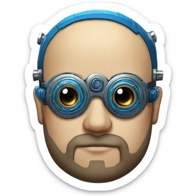 Bearded Fat bald cyborg head with tan skin, blue steampunk goggles and circuits sticker