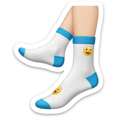 bottom view of woman's feet in white crew socks, soles shown, emoji style sticker
