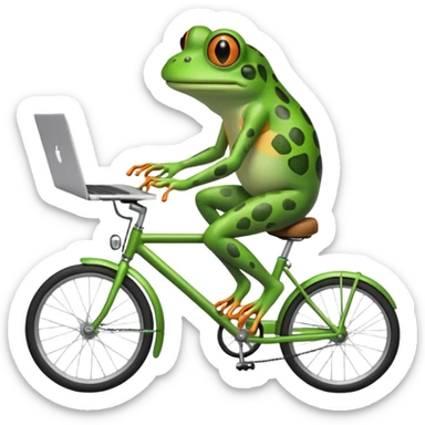 quirky frog balancing a laptop on a bike, working as it rides sticker