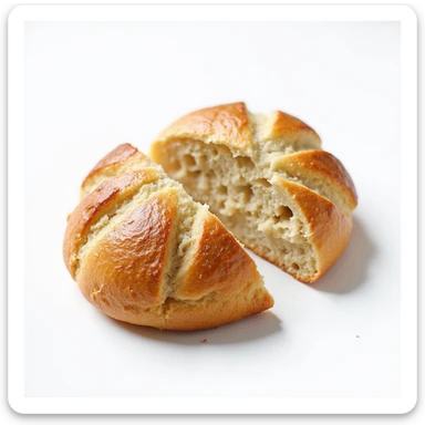 A Brioche Pasquier pain au lait split open, highlighting its airy crumb and fresh look, in a photorealistic style. sticker