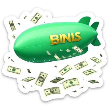 Create a cartoon-style blimp/airship with cash money bursting out from all sides. Money should be raining down dramatically from the blimp, with some bills floating through the air. The style should be vibrant and playful with a slight 3D effect. Include small details like dollar signs and ensure the imagery is clear even at small sizes. sticker