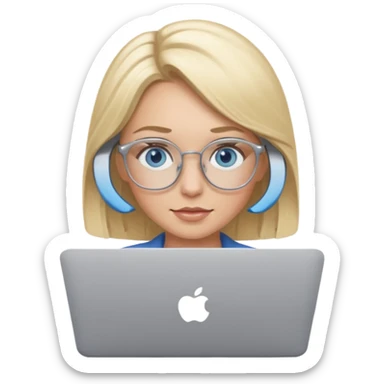 blonde hair woman blue eyes on mac lap top with glasses sticker