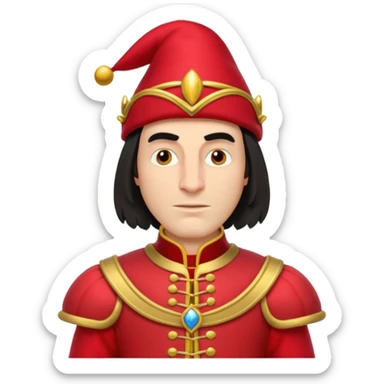 lord farquad avec un chapeau rouge plat sur le dessus, il a un vetement rouge avec des manches bouffantes rouge et dorée sticker