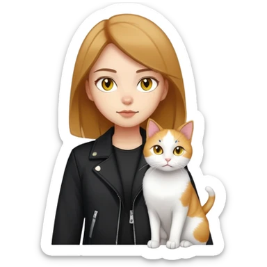A light-skinned brown straight-haired girl wearing black jacket, along with two cats. One cat is pure white cat with yellow eyes, another is a calico cat sticker