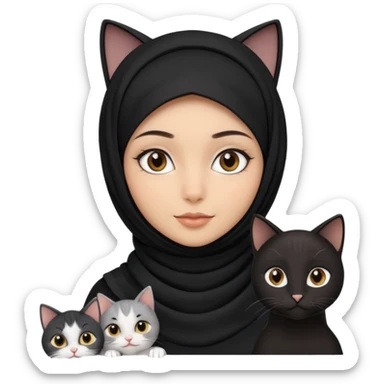 A girlhuman with brownblack eyes and black hijab. and three cats, two blackwhite and one grey cats animals  sticker