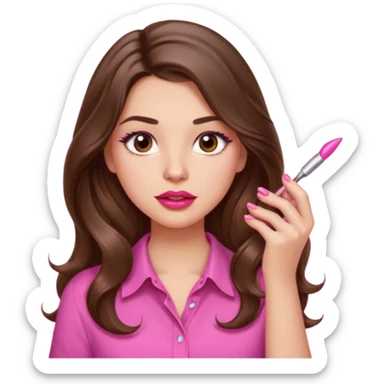 girl with long wavy brown hair, brown eyes, light to medium complexion, in a pink shirt, pink lips, long lashes, puckered lips, showing off painting long nails sticker