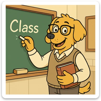 dog teacher in front of a classroom, writing on a chalkboard, wearing a vest and glasses, playful style, cartoonish and vibrant sticker