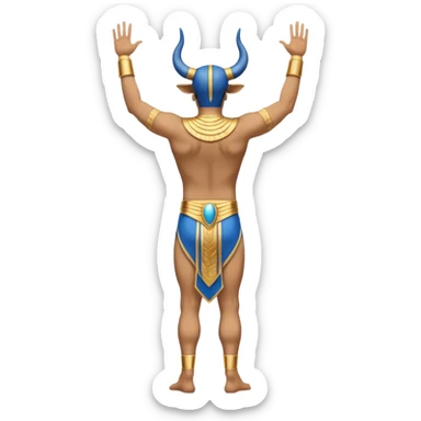 fullbody Egyptian human bull leaper, back view, in 'are you entertained' pose, without horns, with arms raised, with blue and gold accents sticker