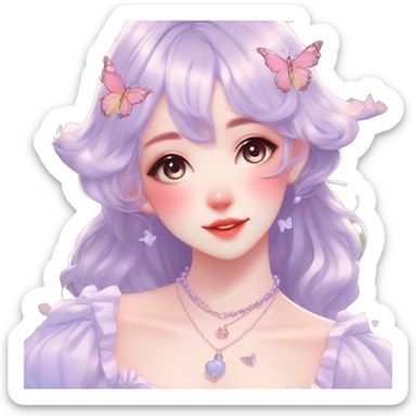 Gorgeous pastel anime style lady with blushing face and butterfly wings necklace cottagecore fairycore pastelcore colorful pearly romantic simplistic aesthetic trending style sticker