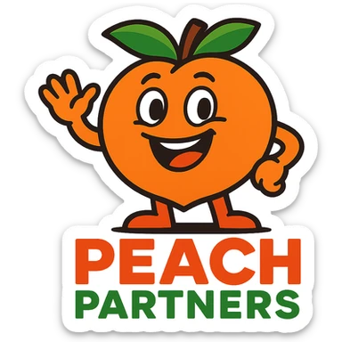 friendly peach mascot for 'Peach Partners' logo, vibrant colors, cheerful expression, peach with big smile and leaf hat sticker