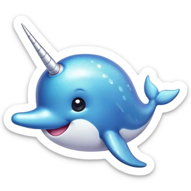Cinematic Cute Narwhal Portrait Emoji, Head tilted playfully and inquisitively, with a glossy, shimmering body highlighted by its iconic tusk and sparkling eyes filled with wonder, Simplified yet irresistibly adorable features, highly detailed, glowing with a warm, friendly glow, high shine, affectionate and lively, stylized with a touch of whimsical charm, bright and endearing, soft glowing outline, capturing the essence of a mischievous marine marvel that feels like it could frolic out of the screen into your heart! sticker