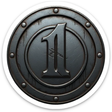 Minimal emoji, gothic metal coin made of black steel, engraved number 1 at the center, ancient industrial aesthetic, worn metal texture, no glow, no neon, flat emoji design, centered, transparent background sticker