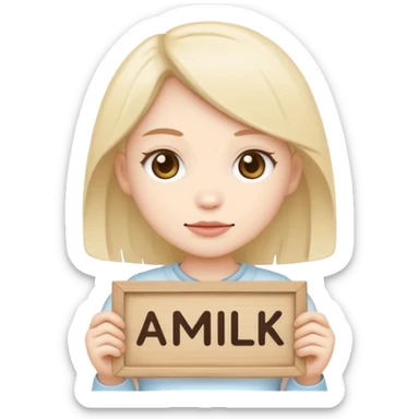 Chibi cult girl emoji, flat vector style, bold outline, holding a sign that says “AMILK” in clear capital letters, centered, simple background sticker