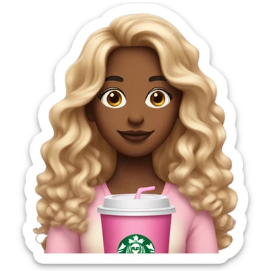 girl with brown and blonde ombré long curly hair holding Pink starbucks refresher sticker