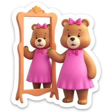 sweet bear in a pink dress and bow, admiring itself in a tall mirror, pastel room, 3D iOS emoji style, playful, rounded, and colorful sticker