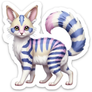  Realistic dull gloomy-dark-deep-grayish-indigo-violet-gradients albino fur with random colorful markings beautiful elegant pretty precious cute  Fakémon-Pokémon-opossum-feline-serval-caracal-chinchilla-Minccino-hybrid-creature with a big fluffy bushy striped tail (full body) sticker