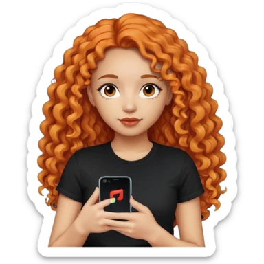 A girl with long, dark orange curly hair, light skin,  wearing a black T-shirt, is holding a phone with the TikTok icon sticker