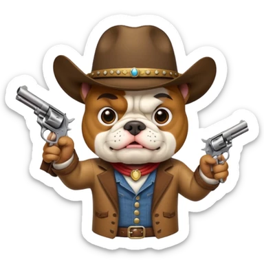 A bulldog wearing a cowboy hat pointing a revolver at you and telling you to hand over your money. sticker