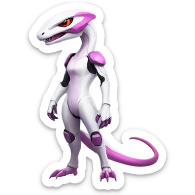 White Lizard-Reptile-Raptor-Alien-Genesect-Mewtwo-Fakémon, with pink eyes, with a futuristic visor-helmet, wearing a techwear-suit, Full Body sticker