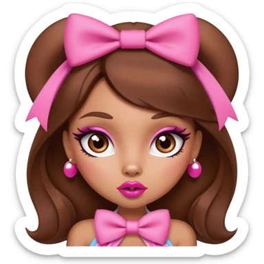 Bratz-inspired character with brown hair, pink bow, exaggerated big lips, and foxy eyes sticker
