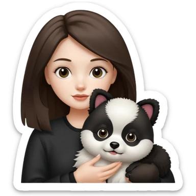 an brunette hair girl holding her white pomeranian dog that looks like a panda sticker