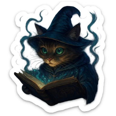 wizard cat reading a spellbook with a mystical vibe, magical fantasy style sticker