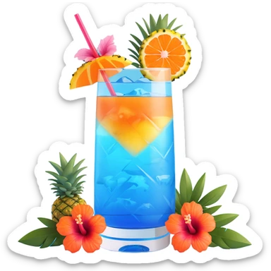 blue tropical cocktail with hibiscus and pineapple garnishes sticker