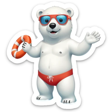 full body friendly anthropomorphised polar bear smiling, wearing colorful swim shorts and swim goggles, standing in a small pool of water, holding a red and white life buoy sticker