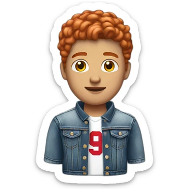 a young man in a jeans jacket and bills jersey with short red hair sticker