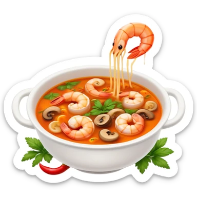 Cinematic Realistic Tom Yam Kung Soup Dish Emoji, showcasing a spicy, sour shrimp soup with herbs and mushrooms rendered with lifelike textures and bold, dynamic lighting. sticker