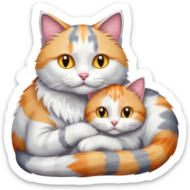 big grey and white cat cuddling a colourful light patched calico + white tabby cat sticker