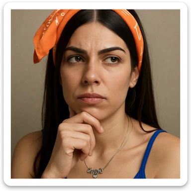 Donna pensierosa con mano sotto al mento, ispirata al riferimento, espressione riflessiva, dettagli iperrealistici 4K, sfondo neutro, in a hyperrealistic style. sticker