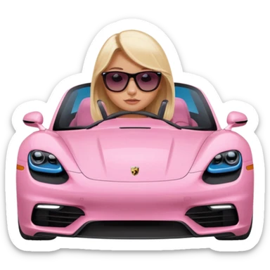 pink Porsche taycan with blonde girl, blue eyes, sitting in the car, front view point of view sticker