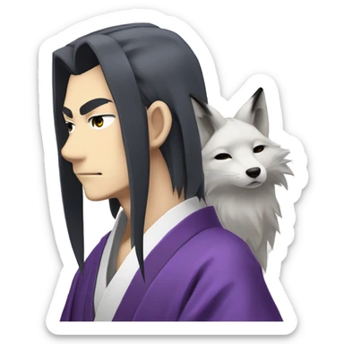 The Tomoe guy from "kamisama kiss" with long hair, white Fox ears, pointy chin, his purple kimono and serious face sticker
