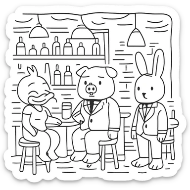 A cute bar scene for coloring featuring three characters: a duck, a pig, and a rabbit. The background is detailed with a counter, shelves with bottles, tables, chairs, lamps, and decorative details. The style is simple line art with no fill, ideal for children to color. sticker