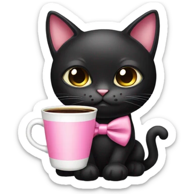 female cute black cat with big eyes and pink bow tie, drinking coffee sticker