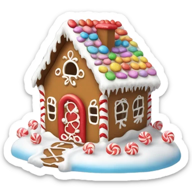 Mini gingerbread house with colorful candy decorations, a snowy white roof, and a little red heart on the door sticker