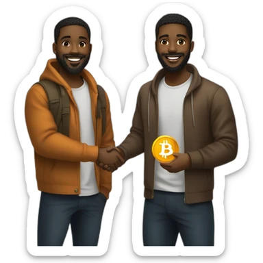 Two young black men in their 20’s with beards shaking hands with Bitcoin token in their hands  sticker