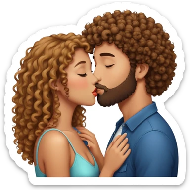 Curly haired girl kissing straight hair man with beard, romantic couple kiss sticker
