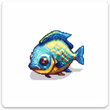 Minecraft inventory fish, eye pointing down-left at 45-degree angle, square texture, isolated fish with transparent background, pixel art game texture sticker