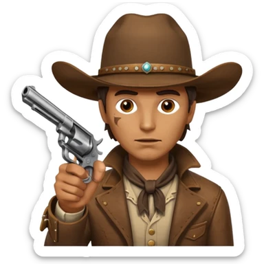 A cowboy pointing his revolver in your face  and saying, "Give me your money." sticker