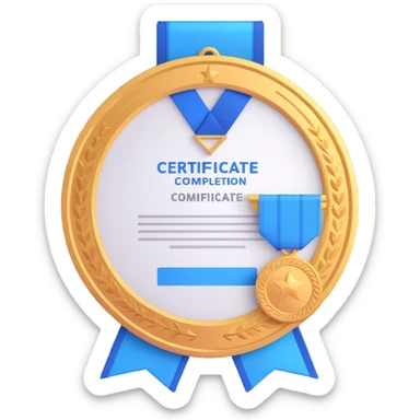 certificate of completion with a blue medal sticker, elegant border, iPhone style 3D emoji sticker