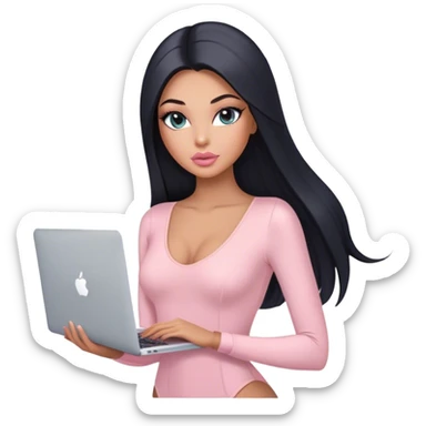 Glamours, tanned, very beautiful girl, with big pump peach-beige-rose lips, long lashes, black straight smooth silky long hair, straight parting hair, blue-grey eyes, in light-pink bodysuit holding MacBook sticker