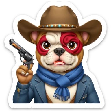 A bulldog wearing a cowboy hat, covering his mouth with a scarf so he wouldn't be recognized, pointing a revolver at you, telling you to hand over your money. sticker