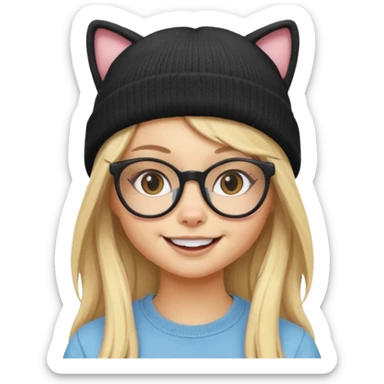 black Blonde girl wearing cat  glasses and beanie, long hair sticker