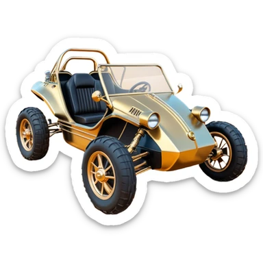 American southWest tarnished neon underglow C-3PO bounty hunter 1964 delicately ornate rosegold wood accents painted dune buggy buckboard powered by electric motors and batteries with racing safety and belts flying rapidly roughening terrain stable on strong agile advanced suspension and steering sticker