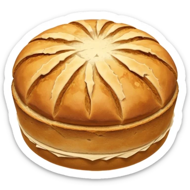 round rustic sourdough with cracked crust. sticker